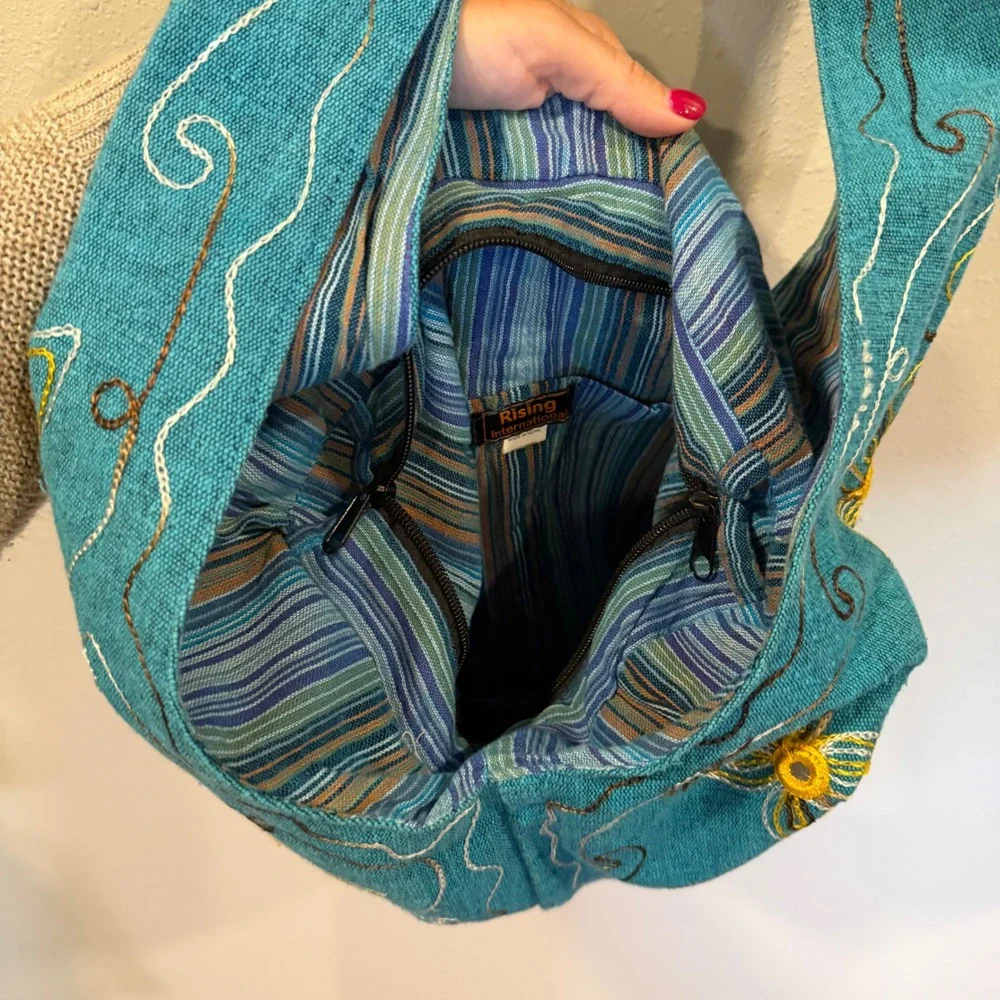 Rising International Hobo Bag Women Teal Embroidered Floral Boho Nepal Hippie